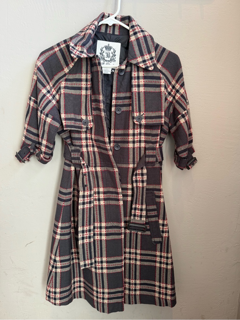 Plaid Trench-Style Women's Dress in Black and Cream